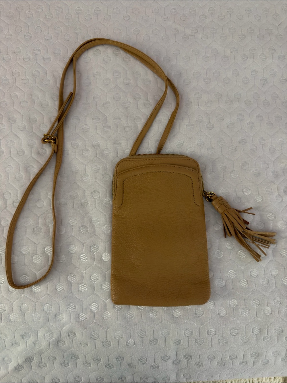 Hobo Leather Crossbody Phone Bag in Tan with Tassel